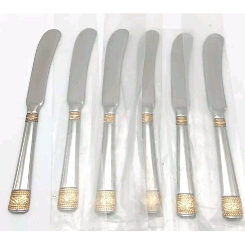 Gorham Festive Holly Gold Accent 6pc Spreader Knife Set 18/10 Stainless Flatware
